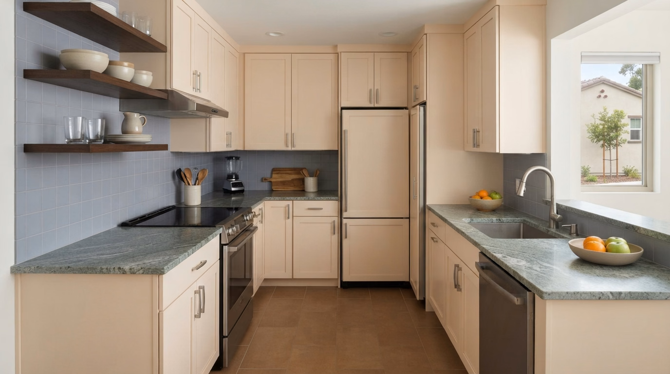 Open shelving for a small kitchen in San Diego County.