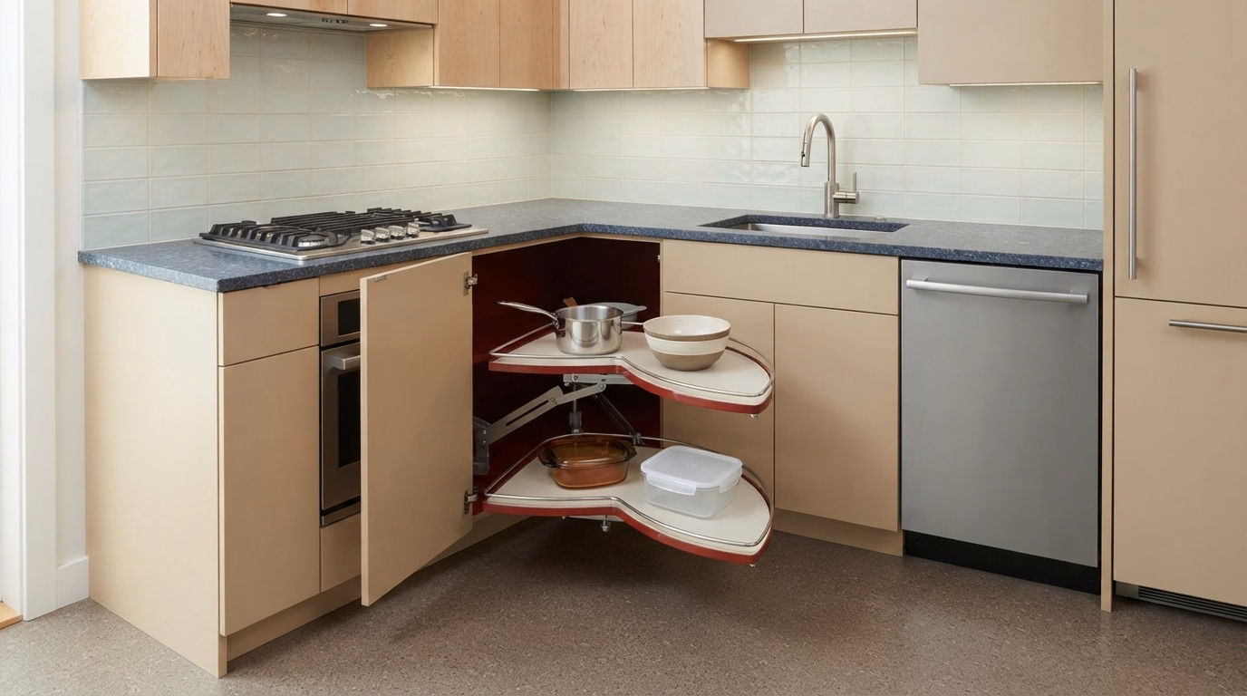 Pull-out corner storage for a small kitchen in San Diego County.