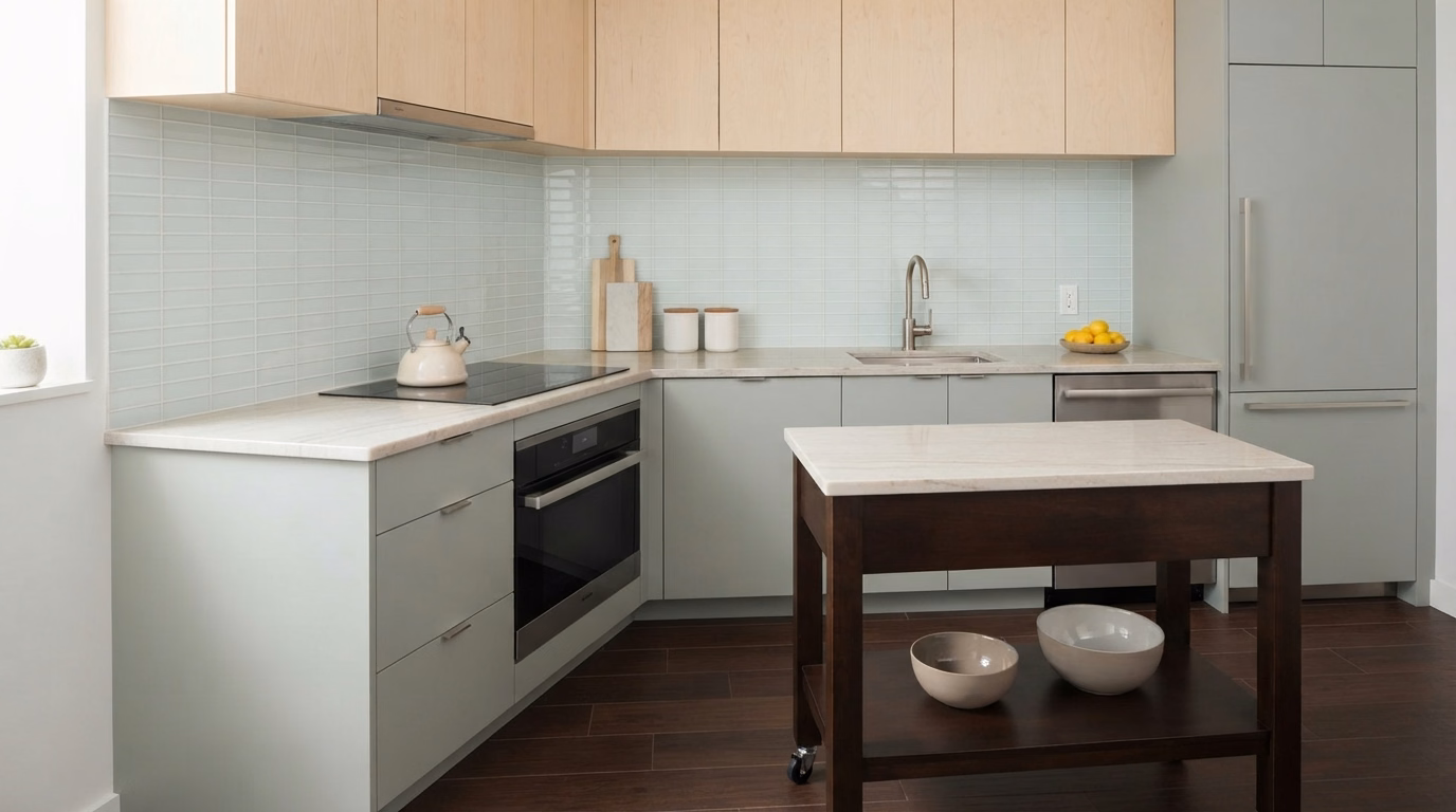 Reflective backsplash and countertops for a small kitchen in San Diego County.