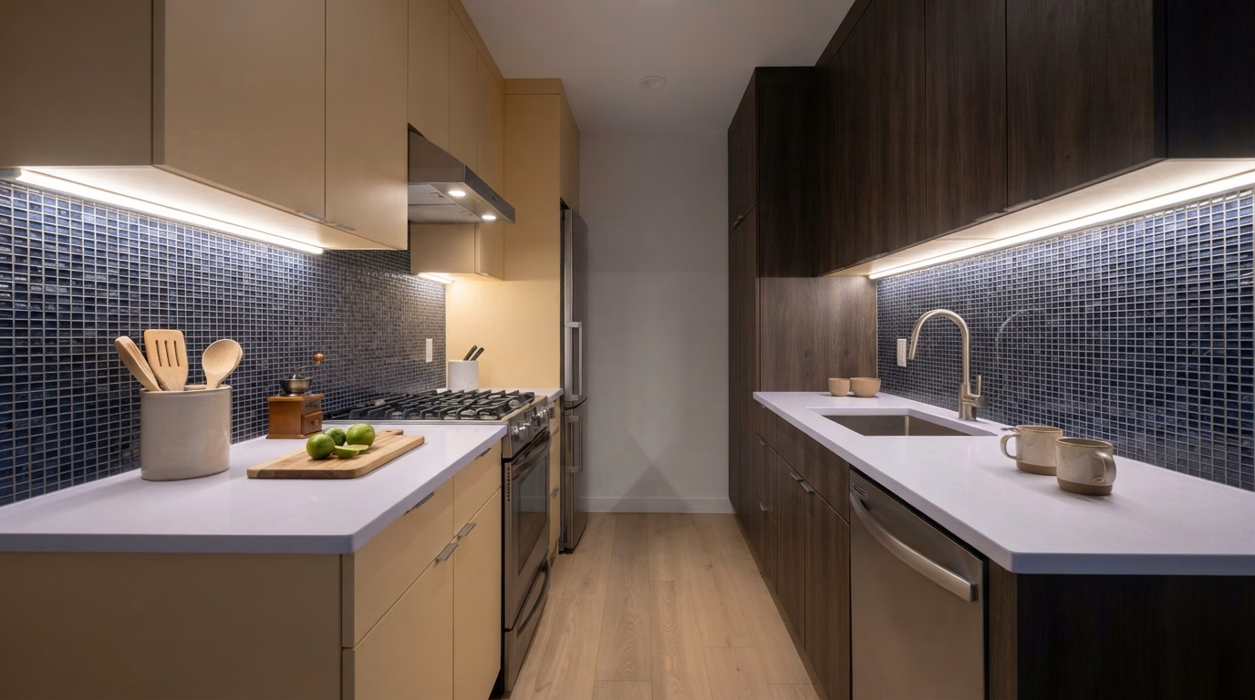Under-cabinet lighting for a small kitchen in San Diego County.