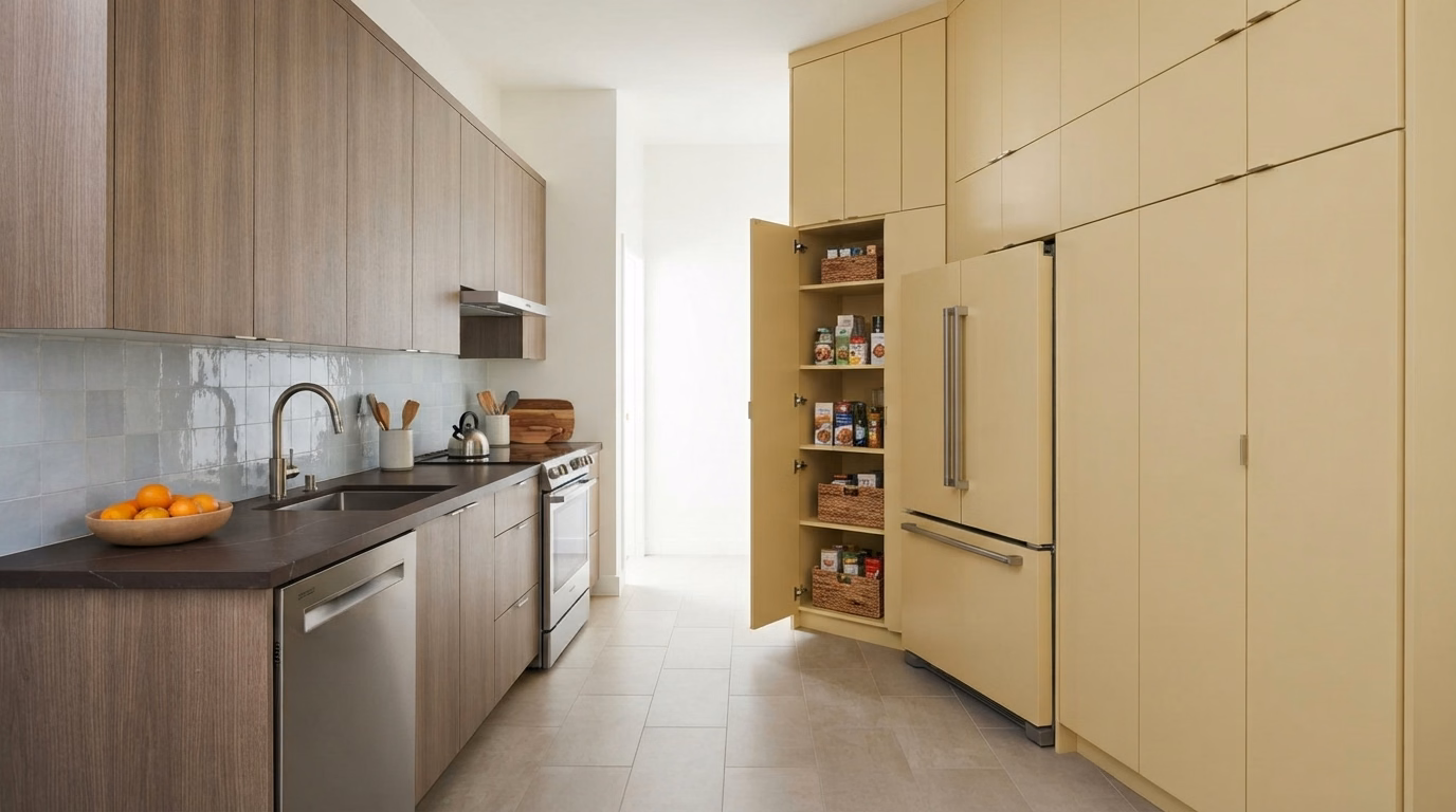Vertical storage for a small kitchen in San Diego County.